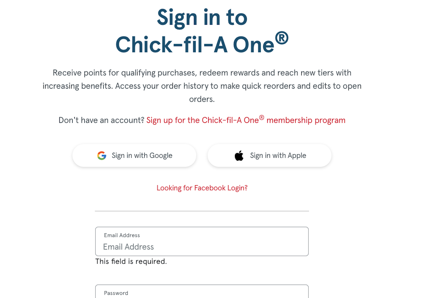 Why can’t I sign into my ChickfilA One account with Facebook? Chick